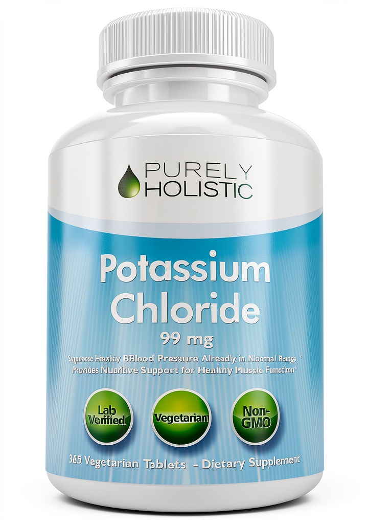 Potassium Chloride tablets bottle displayed on a kitchen counter, with a glass of water beside it