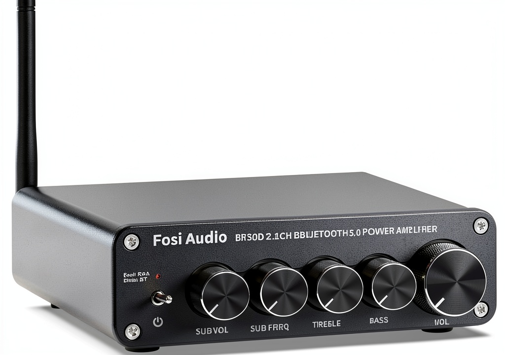 Fosi Audio BT30D amplifier placed on a modern living room shelf