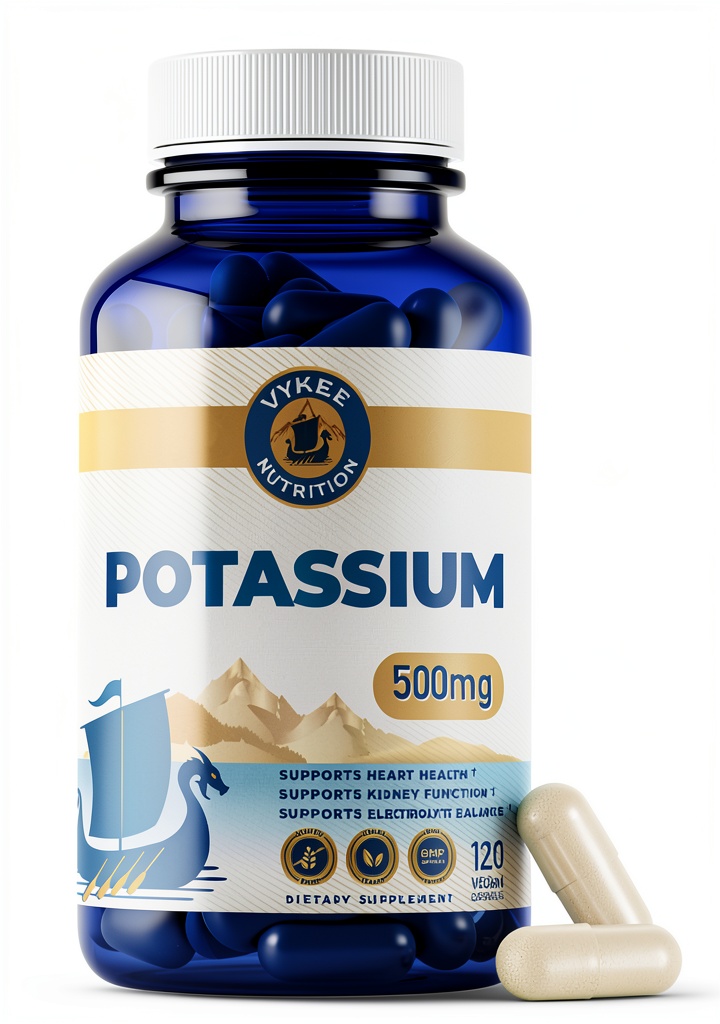 Vykee potassium supplement bottle with label and QR code